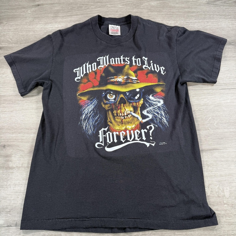 Vintage Skull Biker Shirt 80s 90s Who Wants To Live Forever Single Stitch